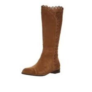 VIA SPIGA Cashew  Inari Suede Scalloped/Laser Cut Edge Riding‎ Boots 7.5 NWOB